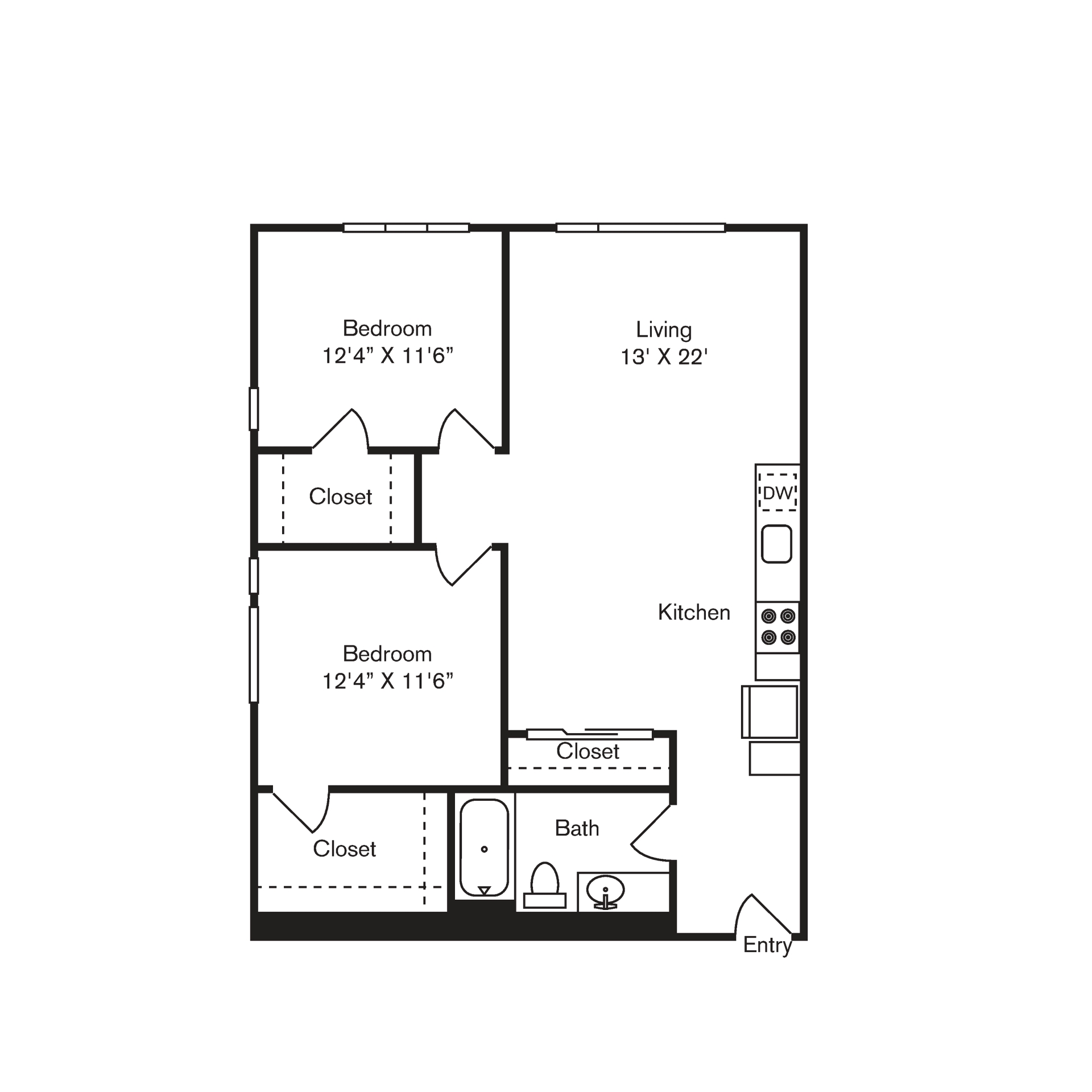 Floor plan for 2 beds, 1 bath, 821 sqft